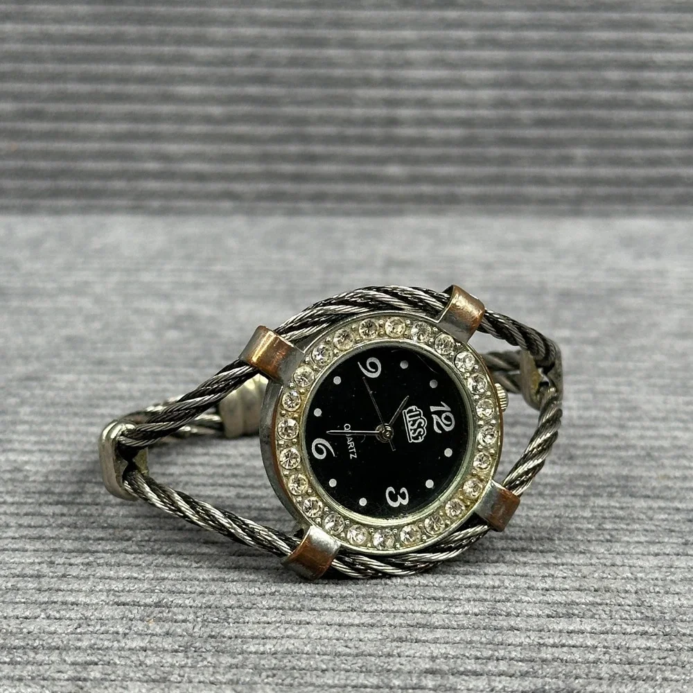 Y2k Cuff Watch Two Tone Twisted Cable Rhinestone Bezel Black Dial vtg